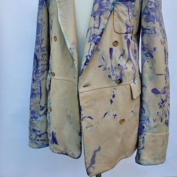 Burberry leather blazer jacket M L tan gray blue beige dyed rainbow purple ivory - Picture 7 of 16